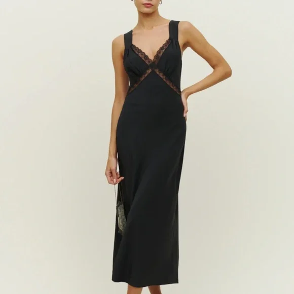 Reformation Provence Silk Midi Dress - Black Noir Lace Trim Soft Cocktail Party - Picture 4 of 12